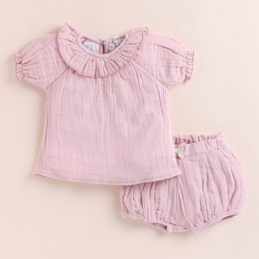 Blush Pink Organic Muslin Frill Top With Bloomers