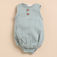 Load image into Gallery viewer, Oatmeal + Moss Green Organic Muslin Bubble Romper
