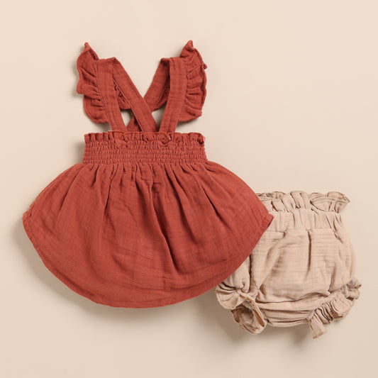 Picante + Latte Organic Muslin Sleeveless Frill Top With Bloomer Set
