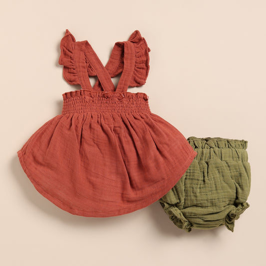 Picante + Olive Organic Muslin Sleeveless Frill Top With Bloomer Set