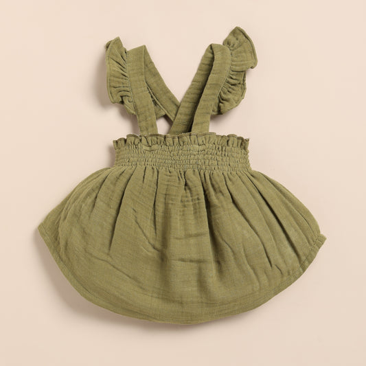Olive Drab Organic Muslin Sleeveless Frill Top