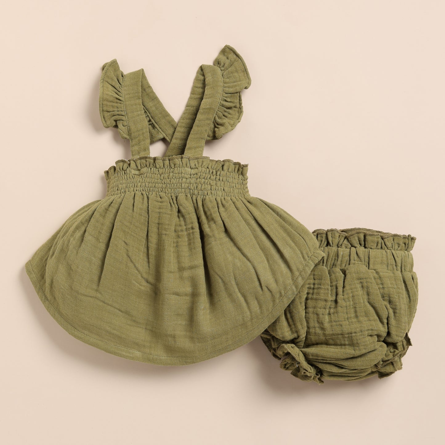 Olive Organic Muslin Sleeveless Frill Top With Bloomer Set