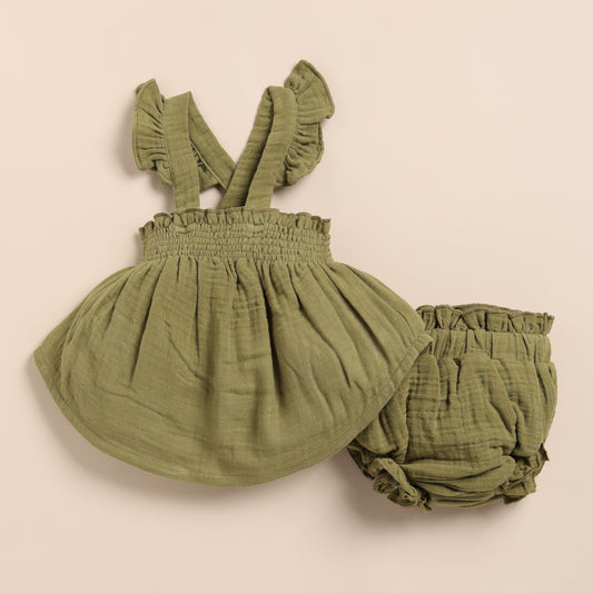 Olive Organic Muslin Sleeveless Frill Top With Bloomer Set