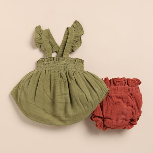 Olive + Picante Organic Muslin Sleeveless Frill Top With Bloomer Set