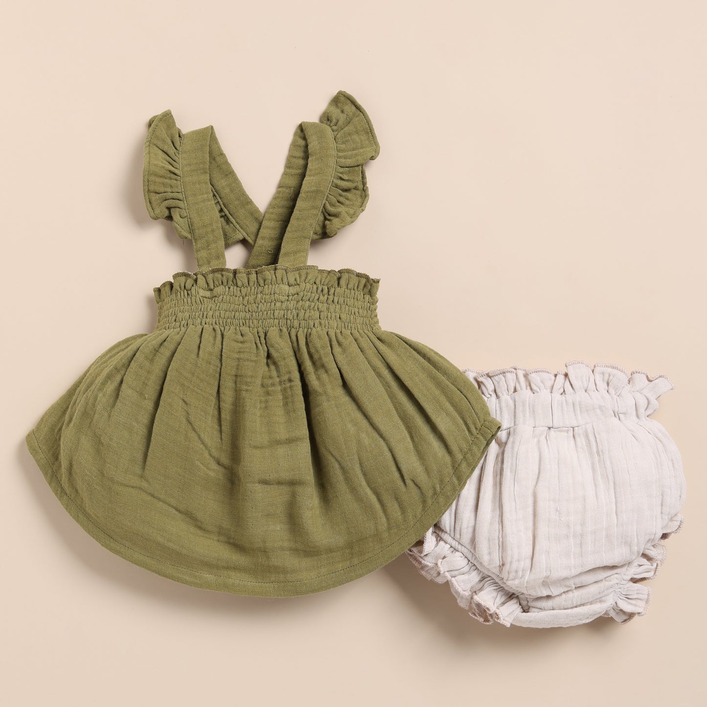 Olive + Oatmeal Organic Muslin Sleeveless Frill Top With Bloomer Set