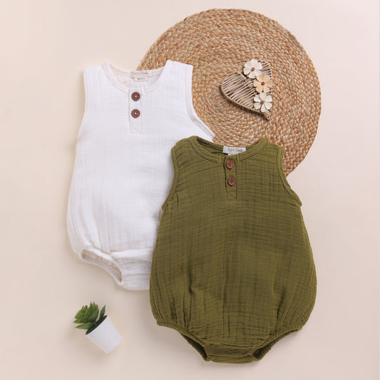 White + Olive Organic Muslin Bubble Romper