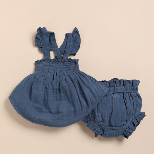 Navy Organic Muslin Sleeveless Frill Top With Bloomer Set
