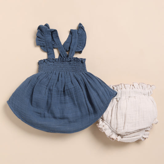 Navy + Oatmeal Organic Muslin Sleeveless Frill Top With Bloomer Set