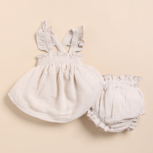 Oatmeal Organic Muslin Sleeveless Frill Top With Bloomer Set