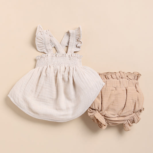 Oatmeal + Latte Organic Muslin Sleeveless Frill Top With Bloomer Set