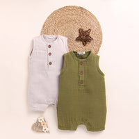 Load image into Gallery viewer, Oatmeal + Olive Organic Muslin Half Romper
