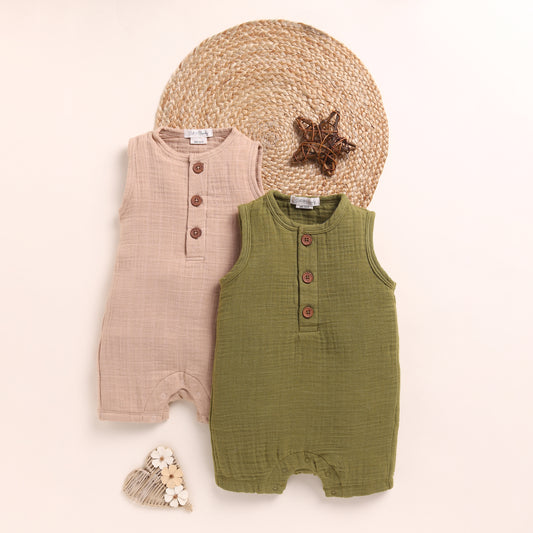 Latte + Olive Organic Muslin Half Romper