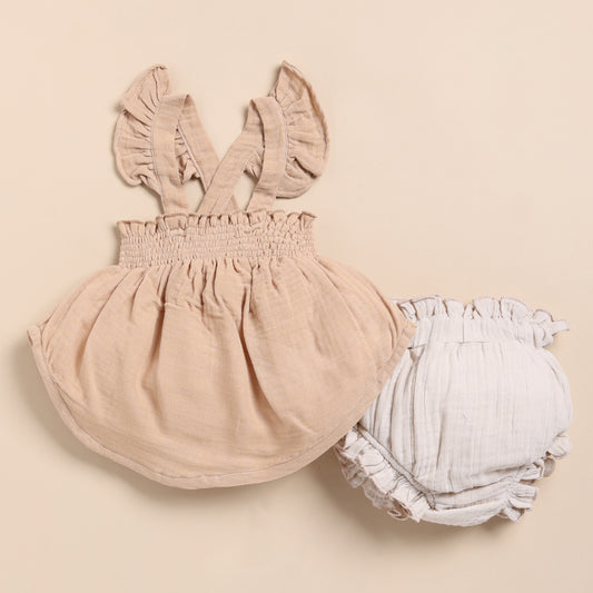 Latte + Oatmeal Organic Muslin Sleeveless Frill Top With Bloomer Set
