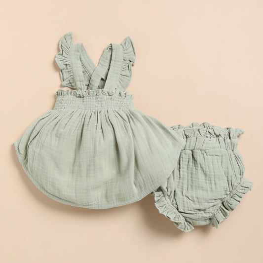 Sage Organic Muslin Sleeveless Frill Top With Bloomer Set