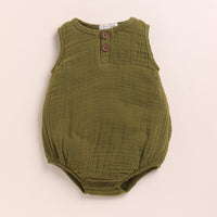 Load image into Gallery viewer, Oatmeal + Olive Organic Muslin Bubble Romper
