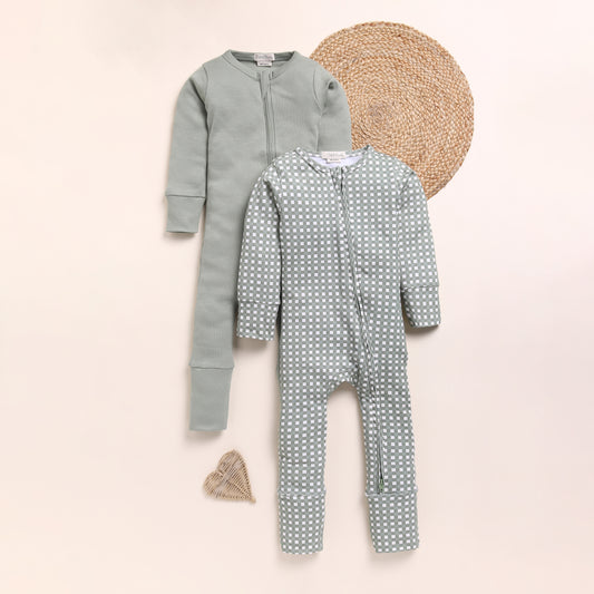 Sage + Mineral Gingham Organic Zipsuits Pack Of 2