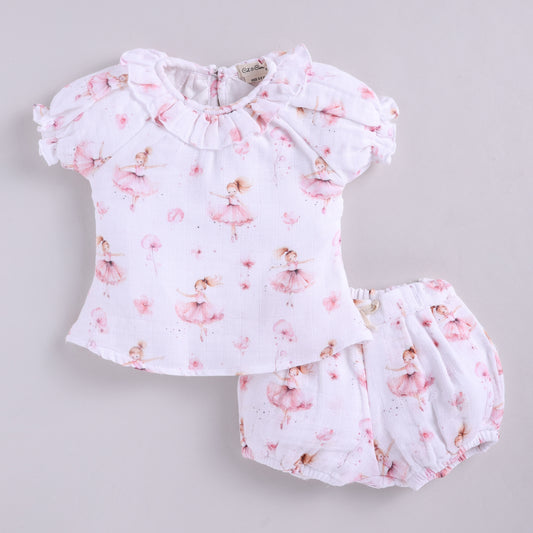 Bellerina Print Organic Muslin Frill Top With Bloomers