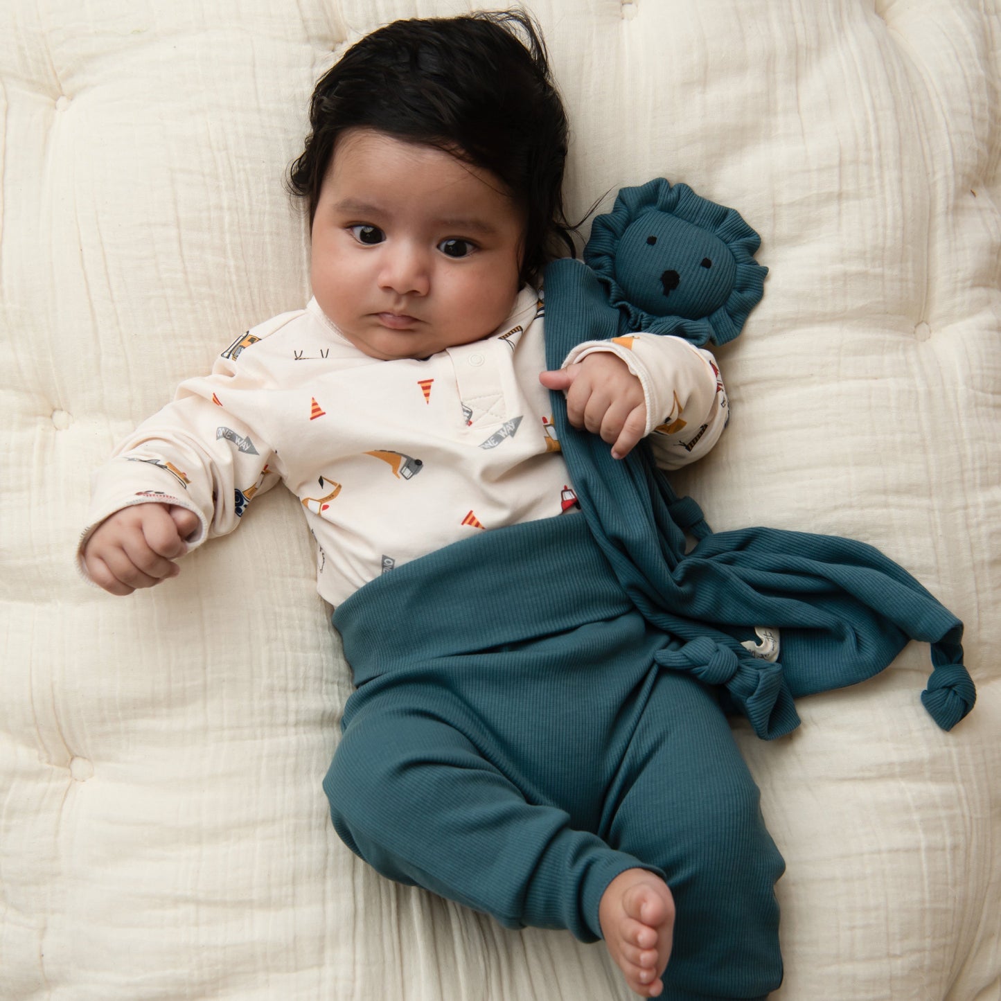 Construction Organic Long Sleeve Bodysuit With Denim Leggings and Security Toy