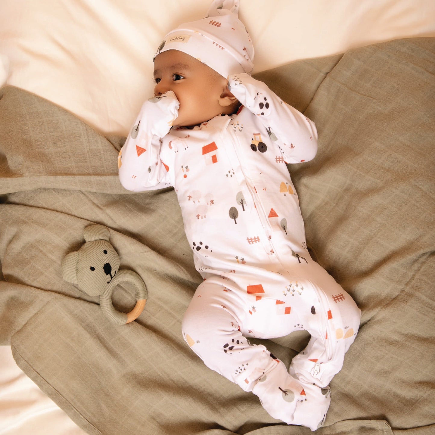 Farm Animal Organic Zipsuit and Beanie With Sage Rattle Toy