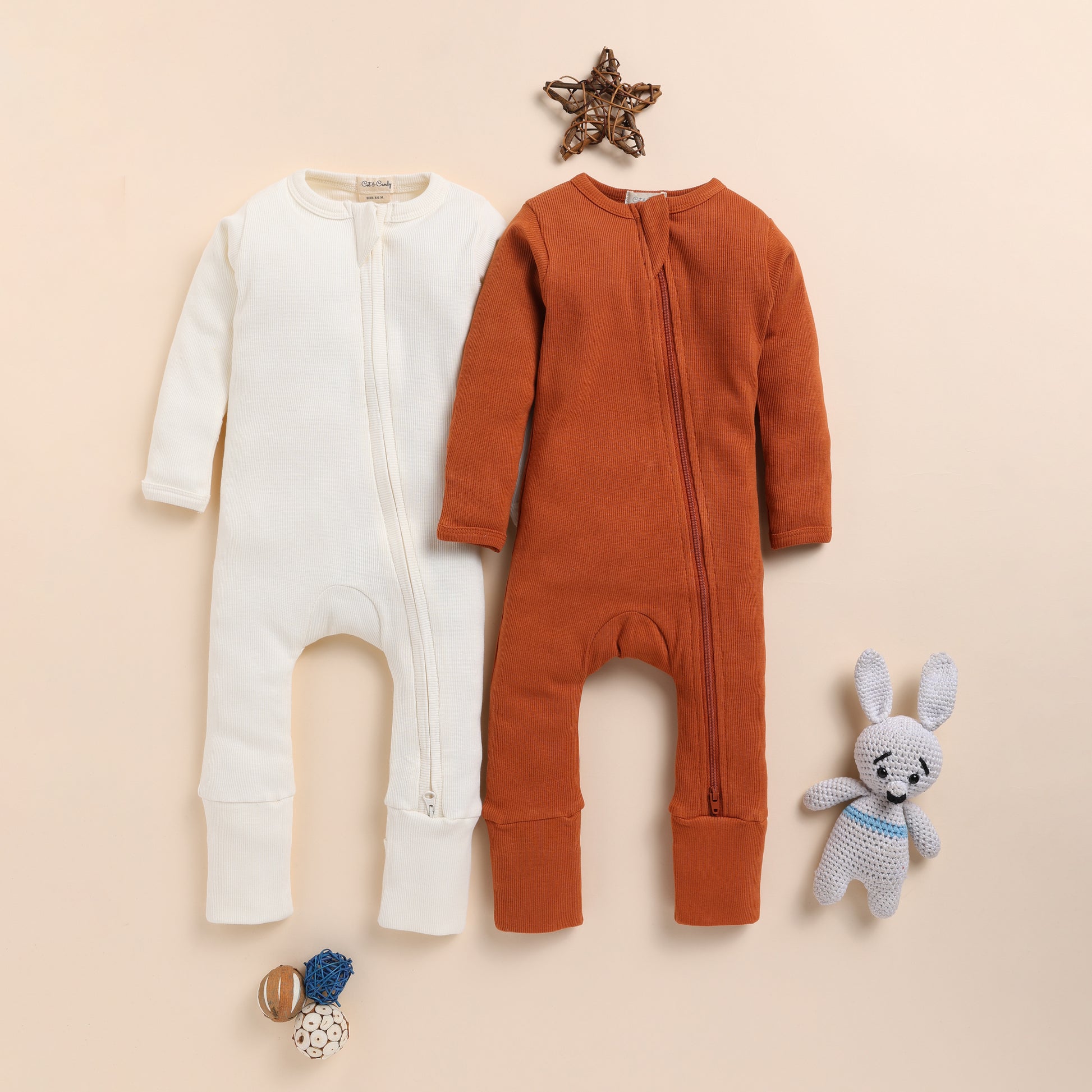 Pack of 2 Solid organic cotton long sleeve Zipsuits for baby girl