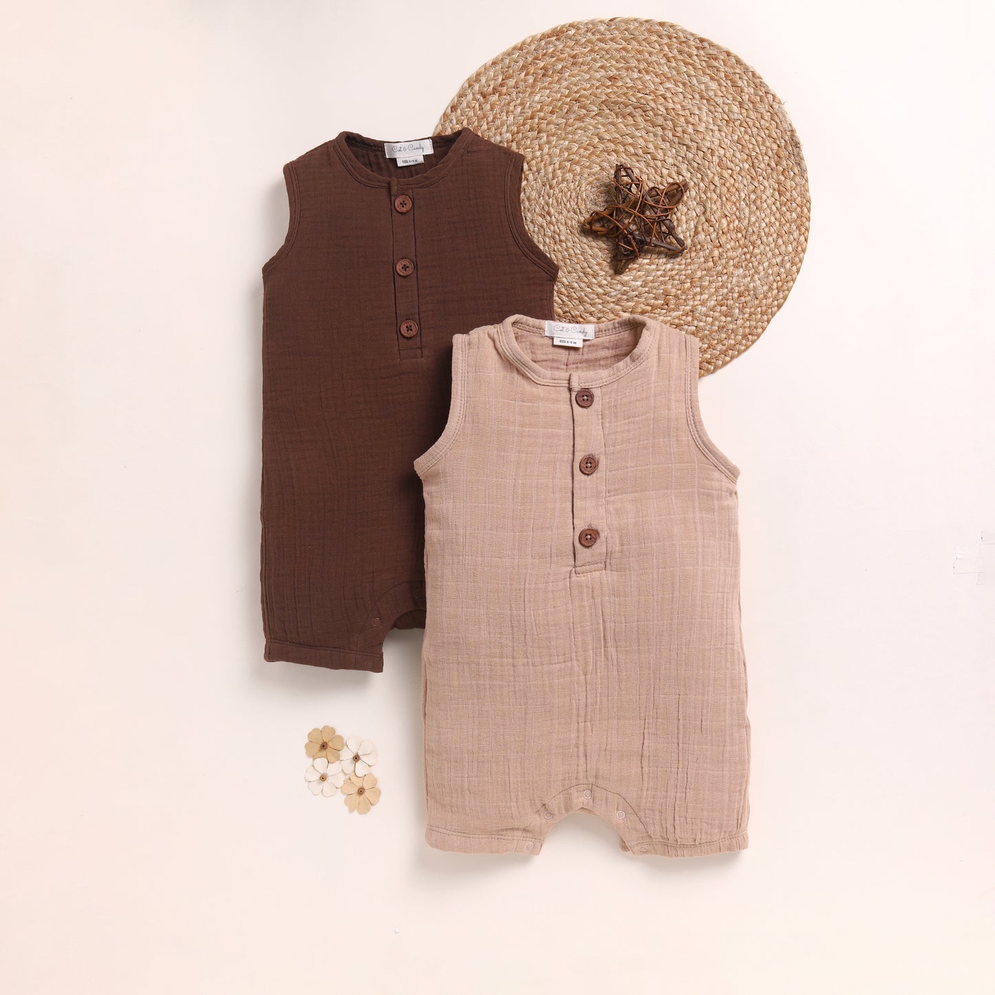 Latte + Cocoa Whisper Organic Muslin Half Romper Pack Of 2