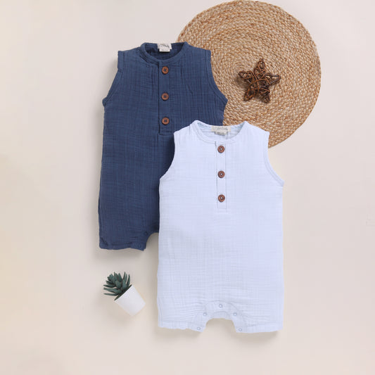 Navy + Icemelt Organic Muslin Half Romper Pack Of 2