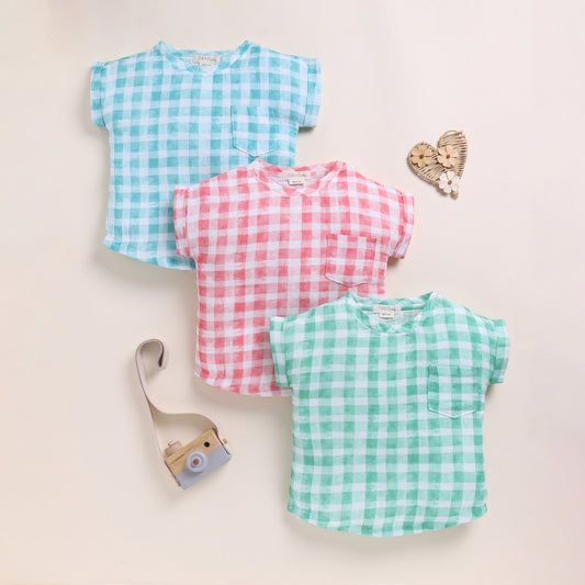 Teal Check + Pink Check + Sage Check Organic Muslin Oversized Tees Pack Of 3