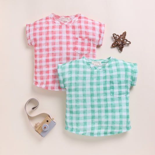 Pink Check + Sage Check Organic Muslin Oversized Tees Pack Of 2