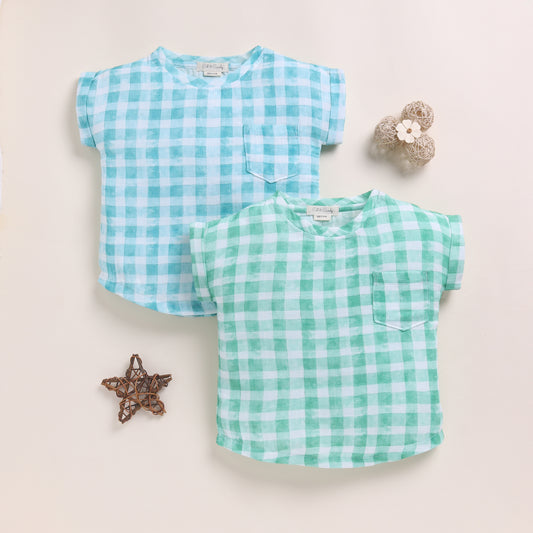 Teal Check + Sage Check Organic Muslin Oversized Tees Pack Of 2