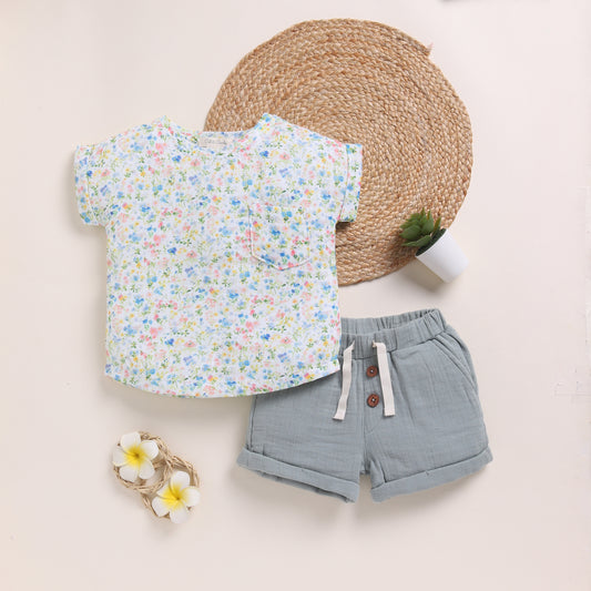 Spring Floral + Sage Organic Muslin Oversized Tee With Muslin Shorts