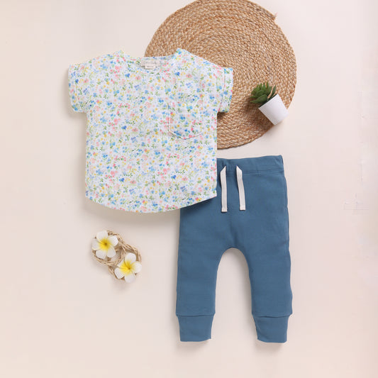 Spring Floral + Denim Organic Muslin Oversized Tee With Legging