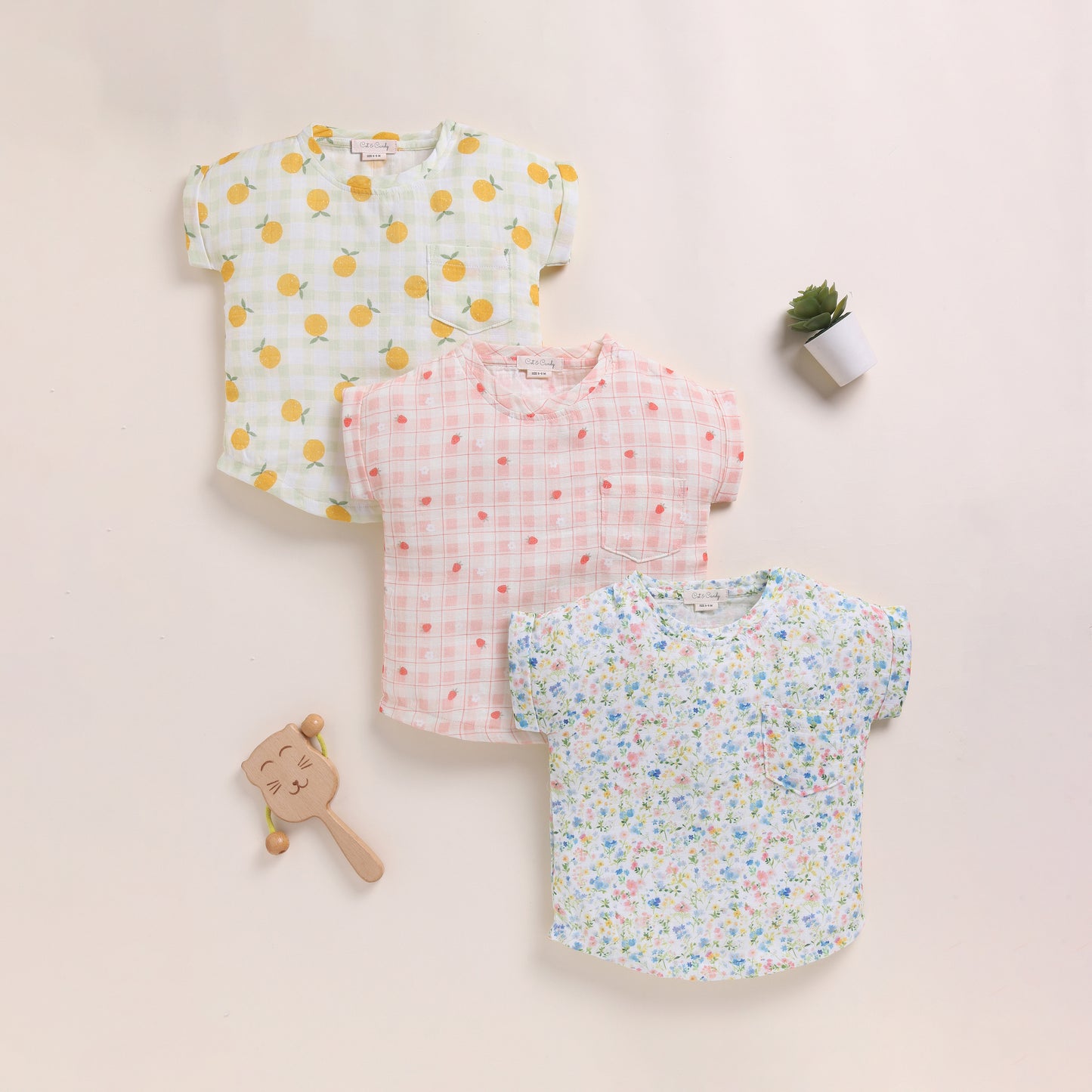 Orange + Strawberry + Spring Floral Organic Muslin Oversized Tees Pack Of 3