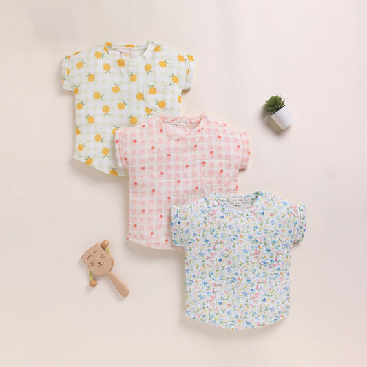 Orange + Strawberry + Spring Floral Organic Muslin Oversized Tees Pack Of 3
