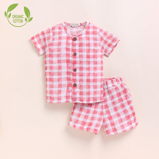 Pink Checks Print Organic Muslin Jhabla Set
