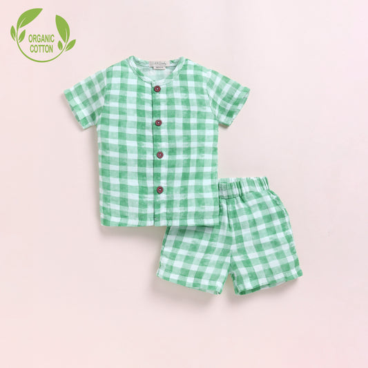 Sage Checks Print Organic Muslin Jhabla Set