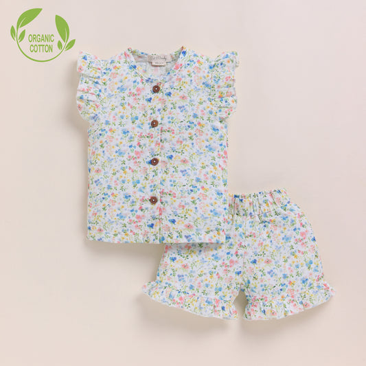 Spring Floral Print Organic Muslin Jhabla Set