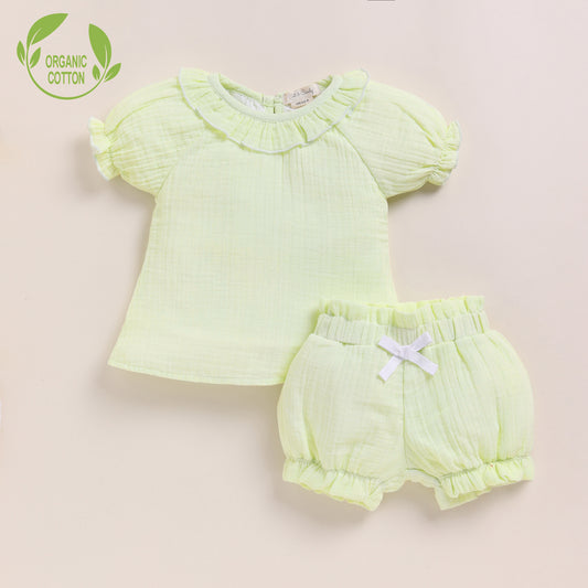 Pistachio Cream Organic Muslin Frill Top Set