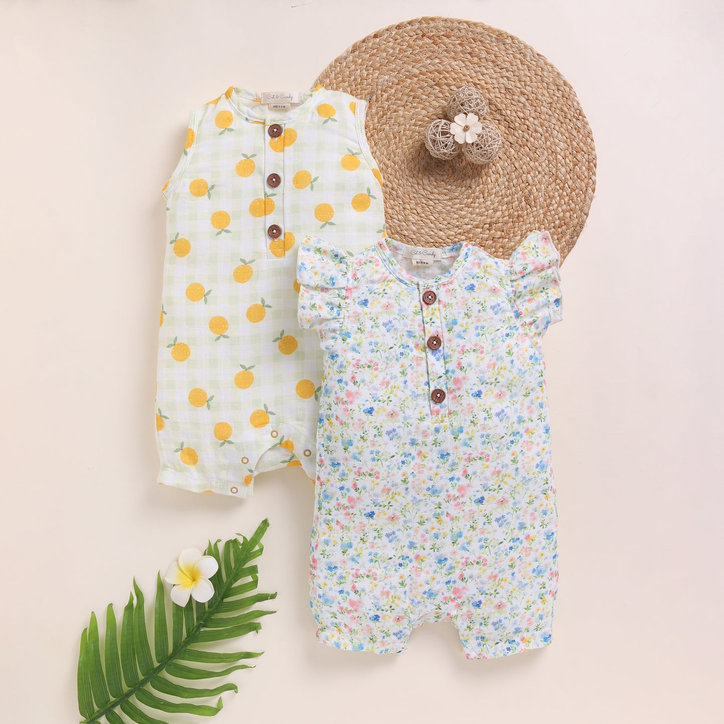 Orange + Spring Floral Organic Muslin Half Romper Pack Of 2