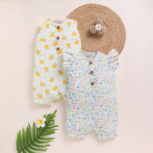 Orange + Spring Floral Organic Muslin Half Romper Pack Of 2