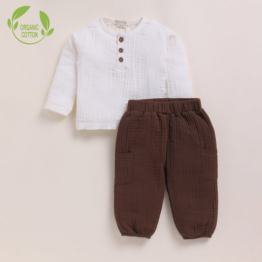 Milk + Cocoa Whisper Organic Muslin Long Sleeve Henley Tshirt With Lounge Pant Set