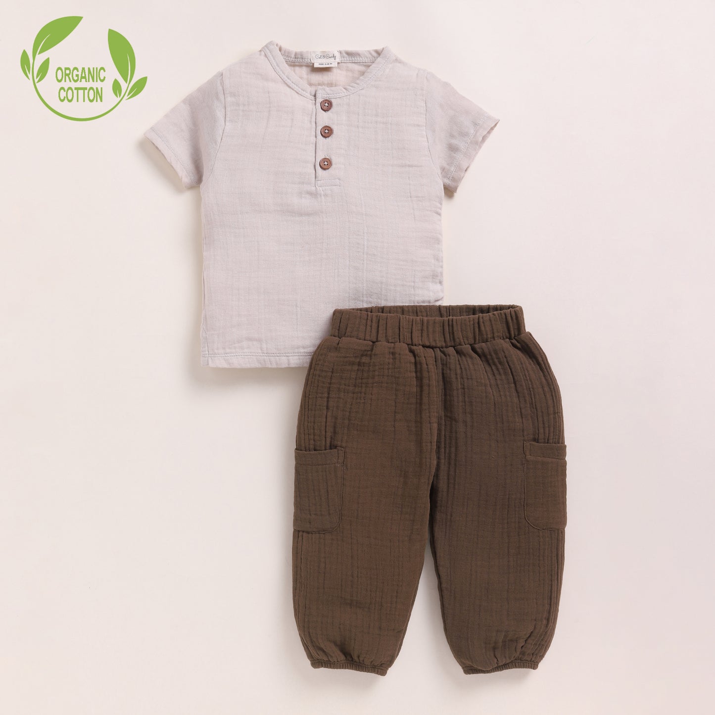 Oatmeal + Cocoa Whisper Organic Muslin Short Sleeve Henley T-shirt With Lounge Pant Set