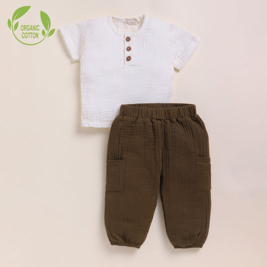 Milk + Cocoa Whisper Organic Muslin Short Sleeve Henley T-shirt With Lounge Pant Set