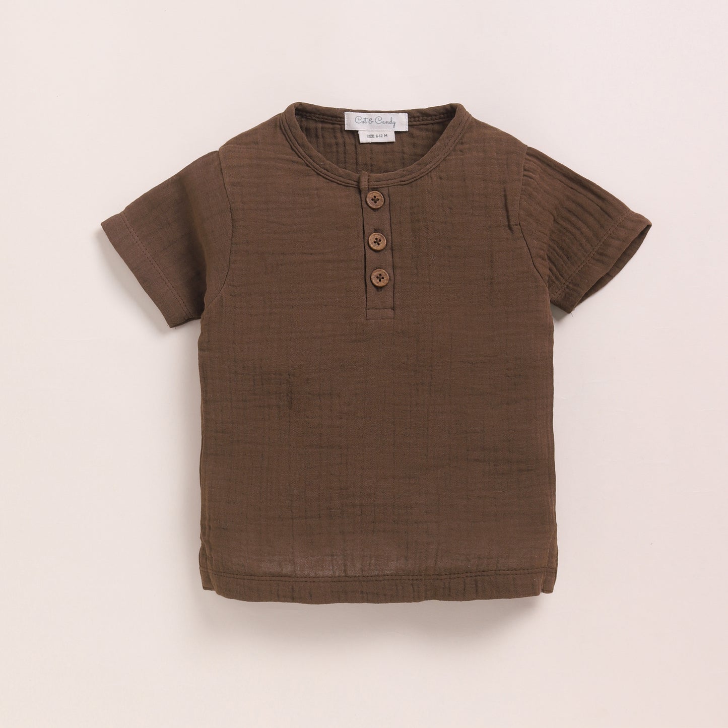 Cocoa Whisper + Oatmeal Organic Muslin Short Sleeve Henley T-shirt With Lounge Pant Set