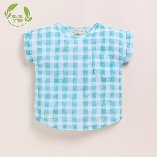 Teal Checks Print Organic Muslin Oversized Tees