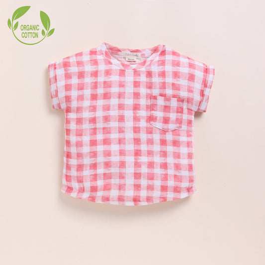 Pink Checks Print Organic Muslin Oversized Tees