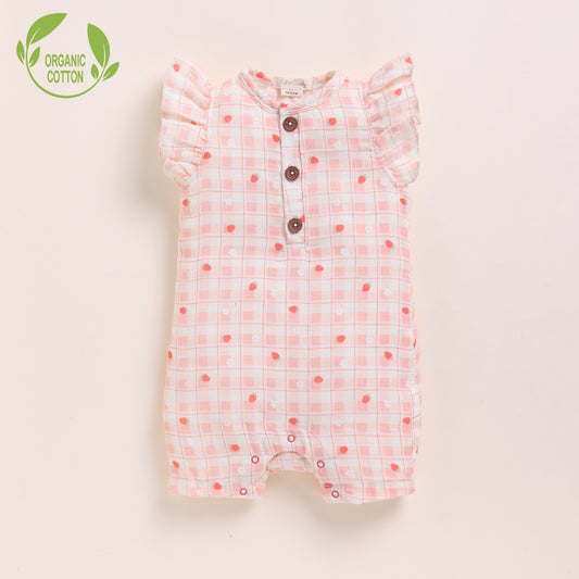 Strawberry Print Organic MuslinFrill Half Romper