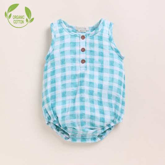 Teal Checks Print Organic Muslin Bubble Romper