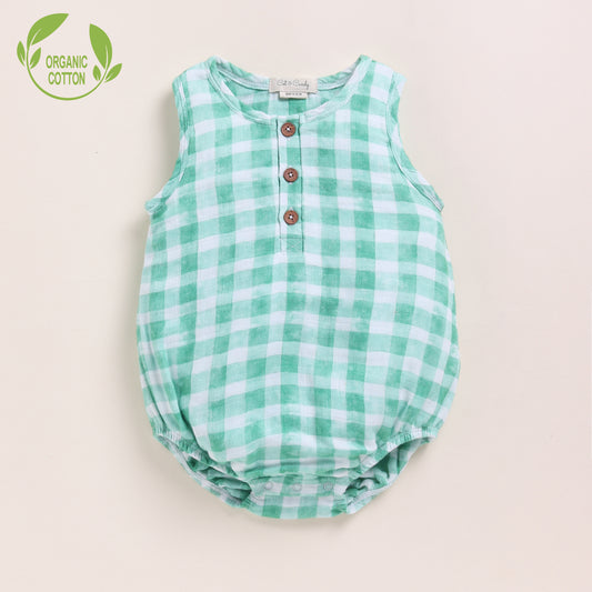 Sage Checks Print Organic Muslin Bubble Romper