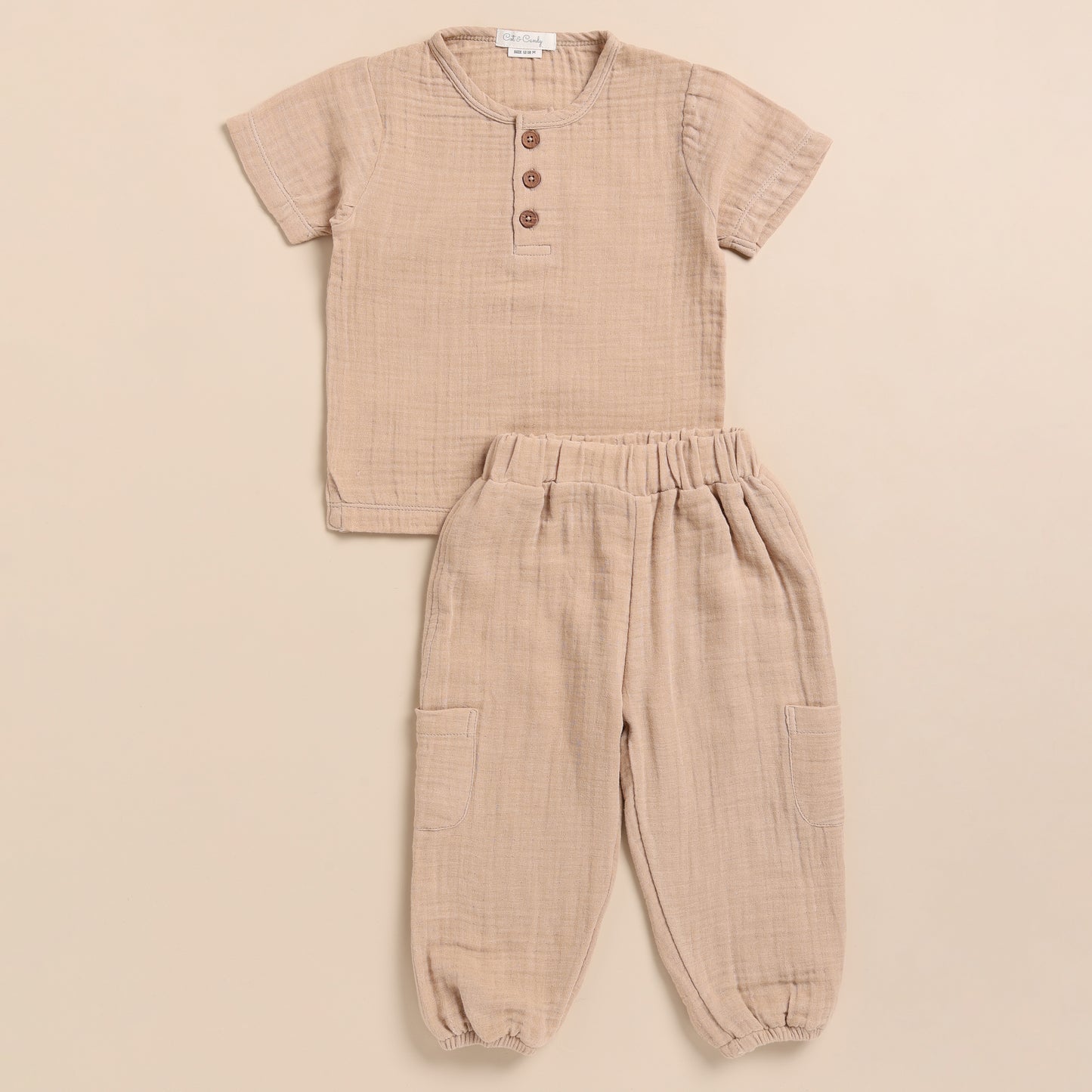 Latte Organic Muslin Short Sleeve Henley Tshirt With Lounge Pant Set