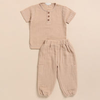 Load image into Gallery viewer, Latte Organic Muslin Short Sleeve Henley Tshirt With Lounge Pant Set
